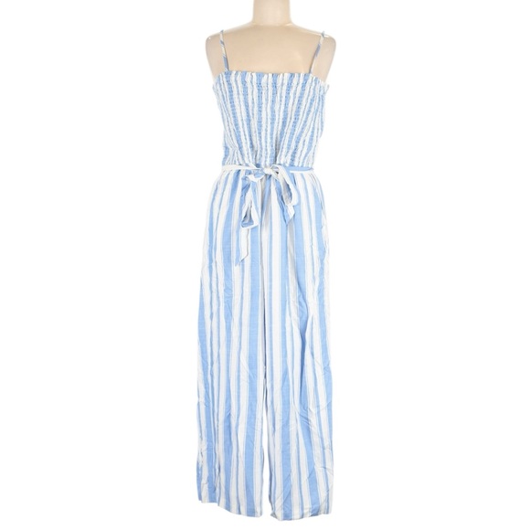 Loft Smocked Strappy Jumpsuit Size L Striped Blue and White Coastal Cropped NWT - Picture 2 of 9